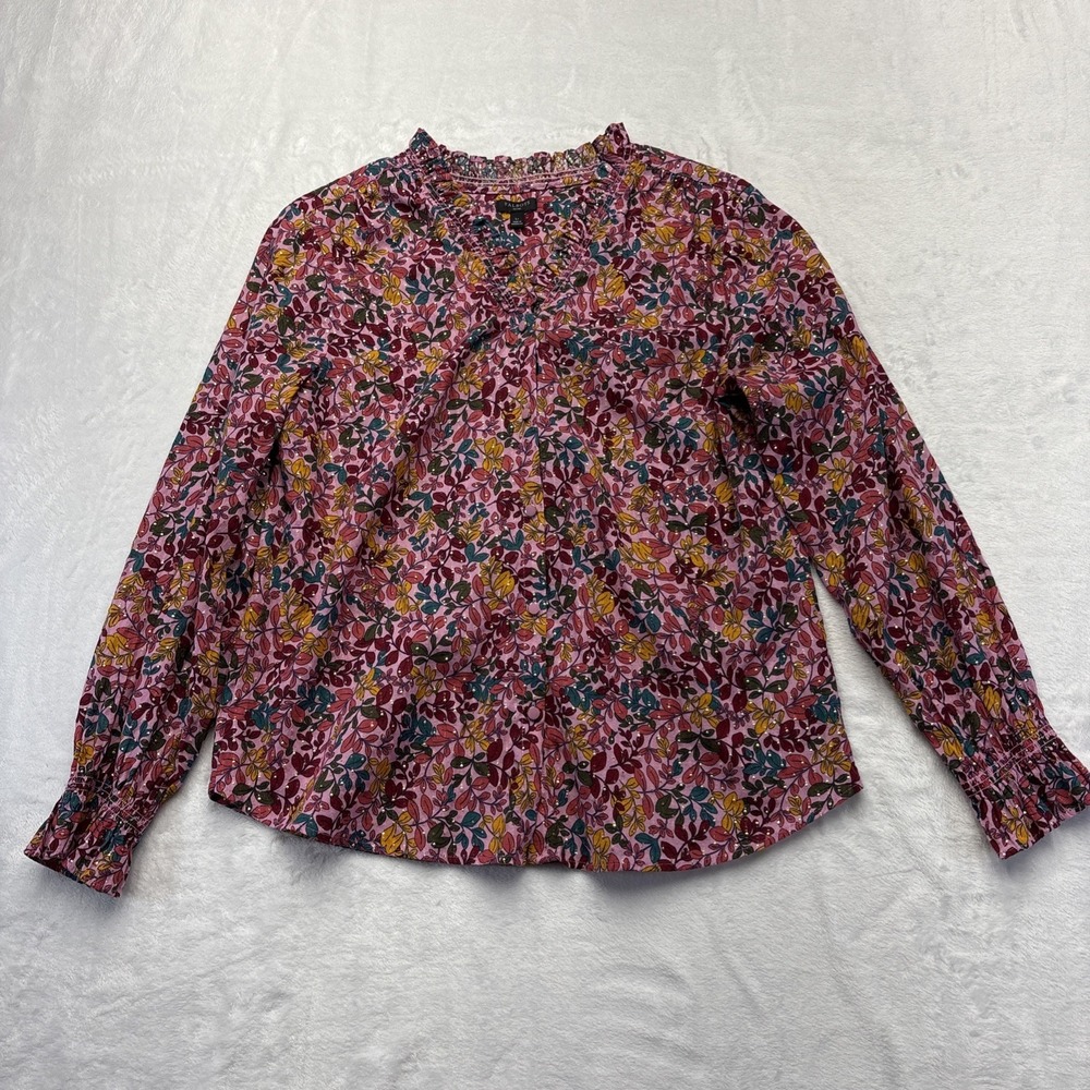 Talbots Petite Floral Metallic Ruffle Neck Blouse Women LP Large Petite Pink